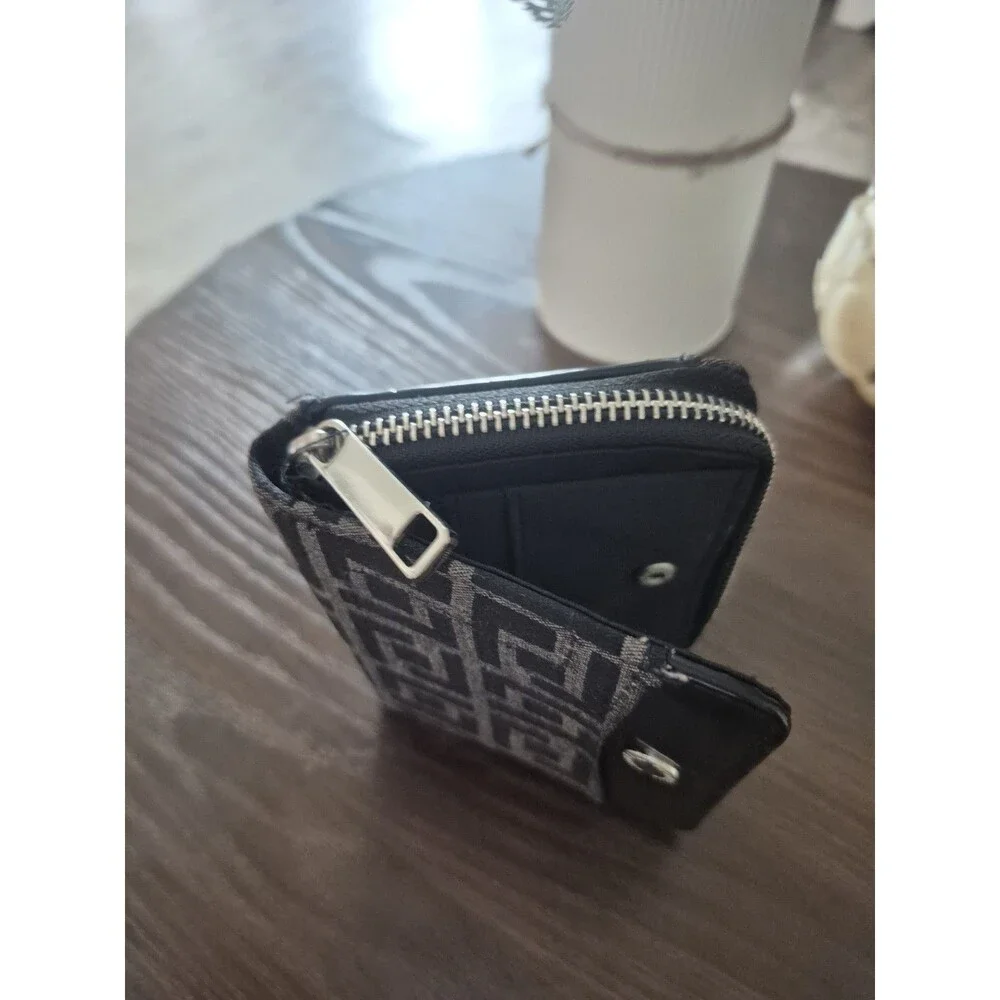 Fiorelli Black Gray Geometric Compact Zip Wallet Card Holder ID Window